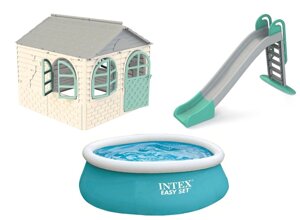 НАБІР "ЛІТО"Дитячий пластиковий будиночок зі шторками, велика гірка ТМ Doloni і наливний басейн INTEX