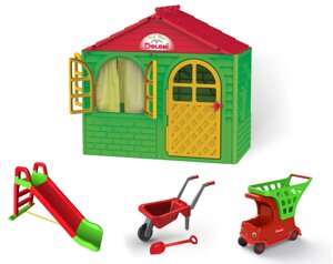 НАБІР Дитячий ігровий пластиковий будиночок зі шторками, дитяча пластикова гірка, візок-авто і тачка ТМ Doloni