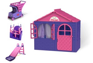 НАБІР Дитячий ігровий пластиковий будиночок зі шторками, дитяча пластикова гірка, качелля та візок-авто ТМ Doloni