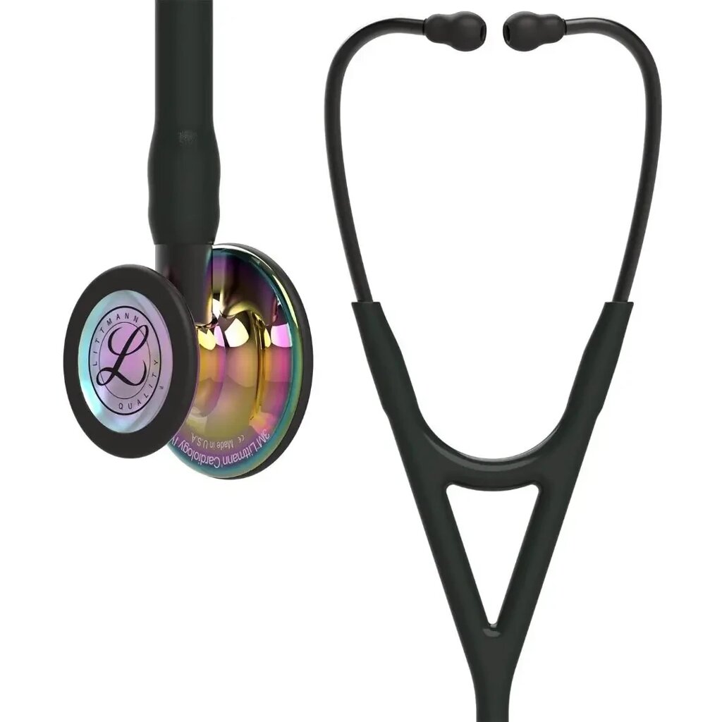 Стетоскоп серії Littmann Cardiology IV чорний із дзеркальною головкою кольору веселки на ніжці димчатого кольору, від компанії Medzenet - фото 1