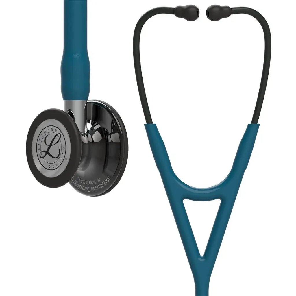 Стетоскоп серії Littmann Cardiology IV лазурний із дзеркальною димчатою головкою на дзеркальній ніжці, чорне наголів`я від компанії Medzenet - фото 1