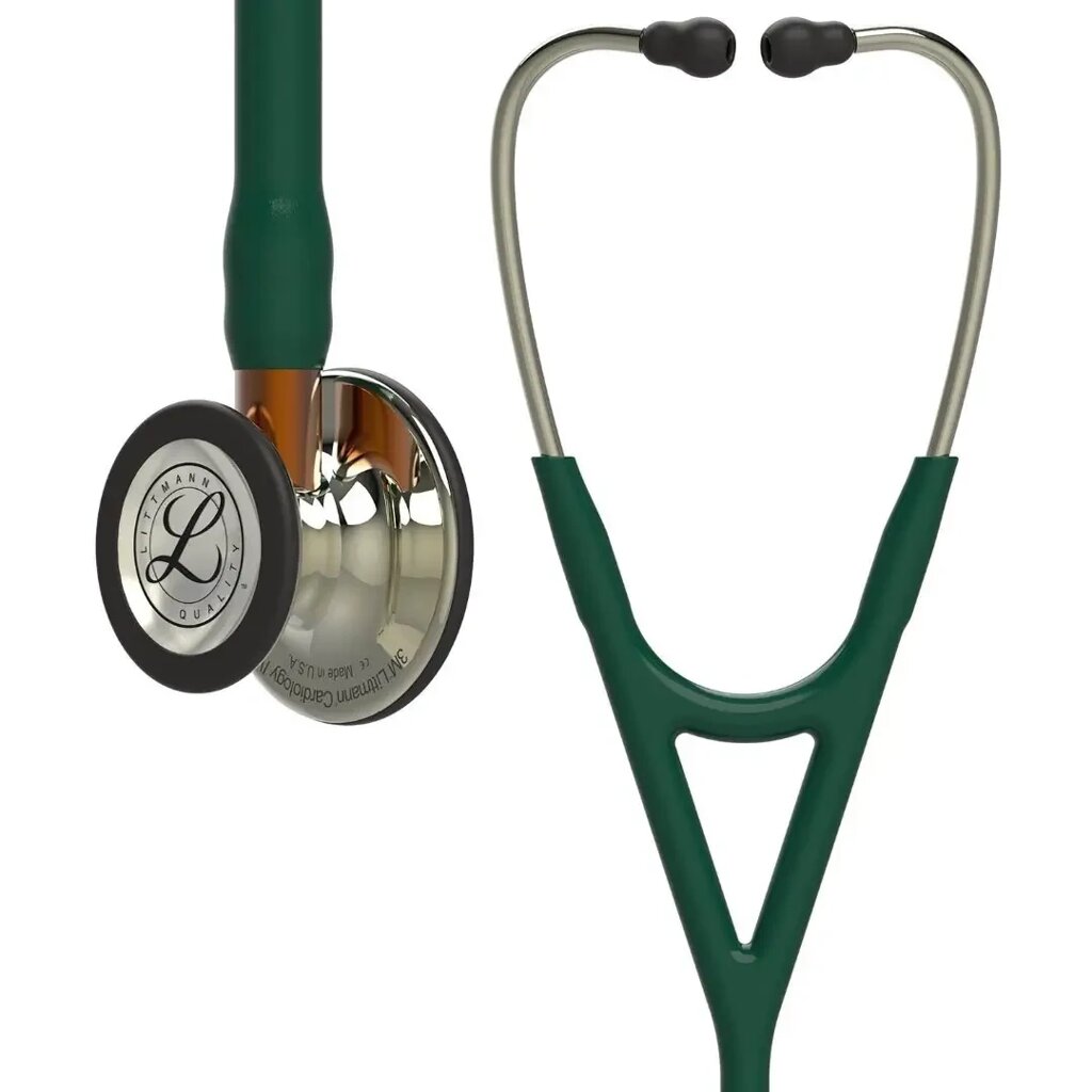 Стетоскоп серії Littmann Cardiology IV темно-зелений із головкою та наголів`ям кольору шампань на помаранчевій ніжці від компанії Medzenet - фото 1