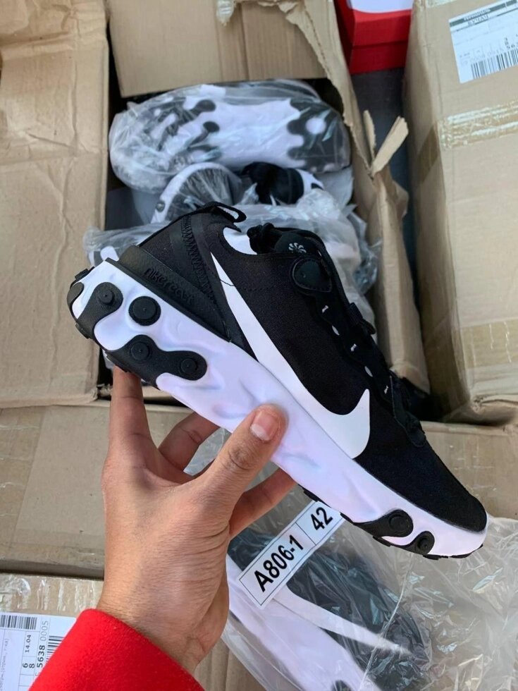 ‼БЕЗ ПЕРЕДОПЛАТИ‼Чоловічі кросівки чорно-білі Nike React Element 55 від компанії Premium - фото 1