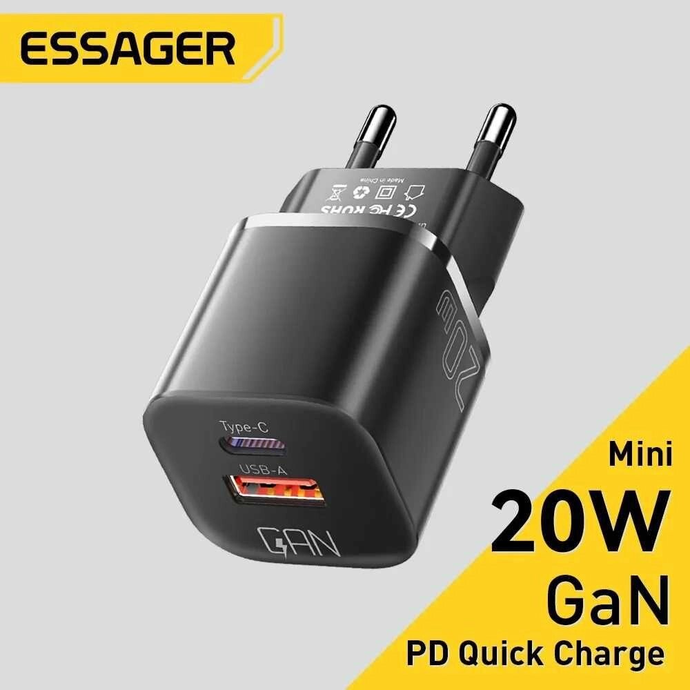 Блок живлення Essager GaN 20W, PD 3.0 + QC 3.0, Type-C + USB-A від компанії Premium - фото 1