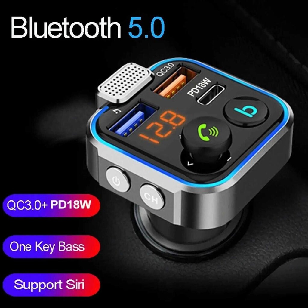 FM-трансмітер (модулятор) P-5 Bluetooth 5.0/MegaBass/QC 3.0 RGB Black від компанії Premium - фото 1