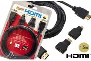 Кабель Hdmi 1.5 м (3 в 1) +2 шт. перехідника в комплекті micro/mini hdmi