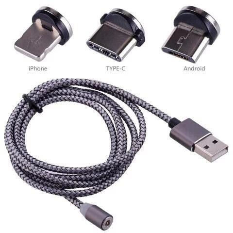 Магнітний кабель 3 в 1, micro USB, Lightning, USB Type-C тканинний від компанії Premium - фото 1