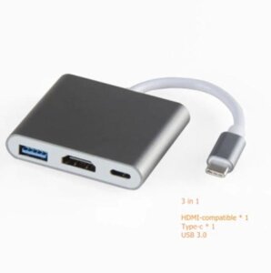 USB HUB Type C 3 в 1 HDMI + USB 3.0 + USB TypeC перехідник хаб