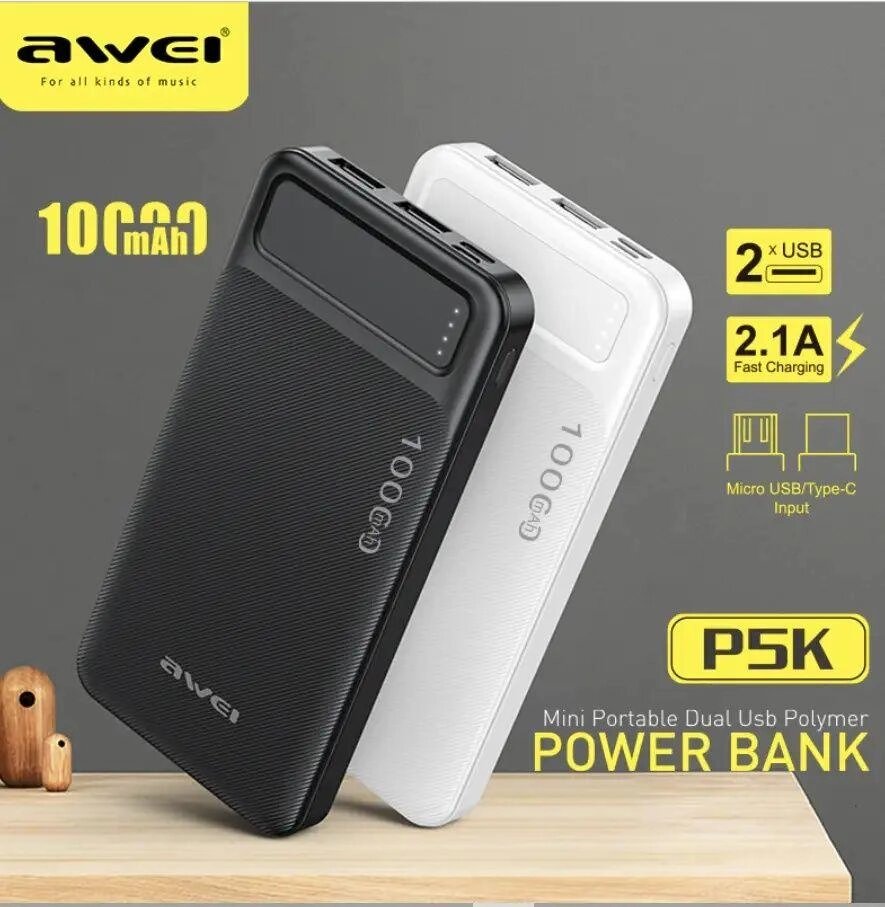 Повербанк Power bank Awei P5K 10000 mAh, зовнішній акумулятор від компанії Premium - фото 1