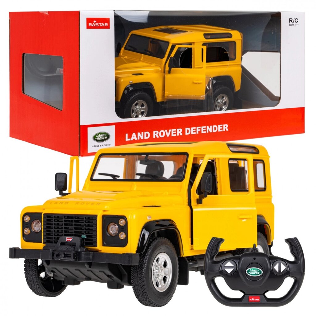 Land Rover Defender жовтий RASTAR модель 1:14 Автомобіль з дистанційним керуванням + пульт 2,4 ГГц + двері, від компанії Euromarka - фото 1