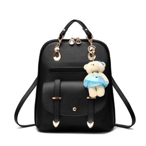 Шкіряний рюкзак із плюшевим ведмедиком — чорний pl29pr