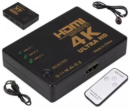 Сплітер-перемикач 3x hdmi 4k full hd пульт дистанційного керування Aptel HD28D від компанії Euromarka - фото 1