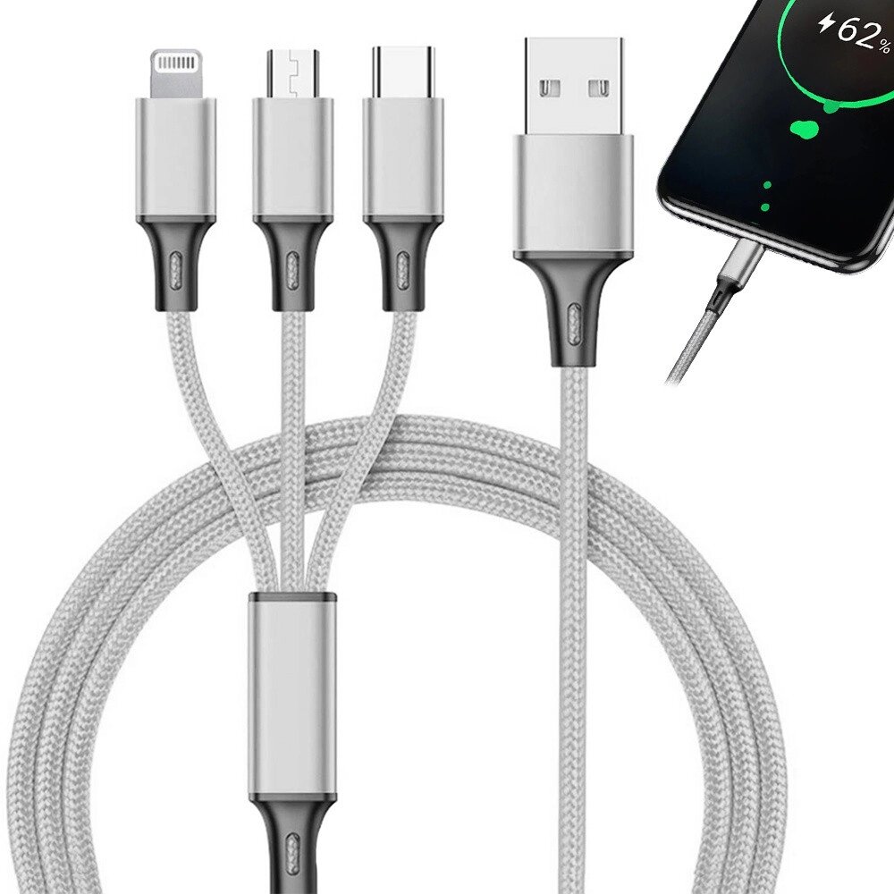 USB-кабель 3в1 для телефона, кабель Lightning для iPhone micro USB type-C 1,2 м від компанії Euromarka - фото 1