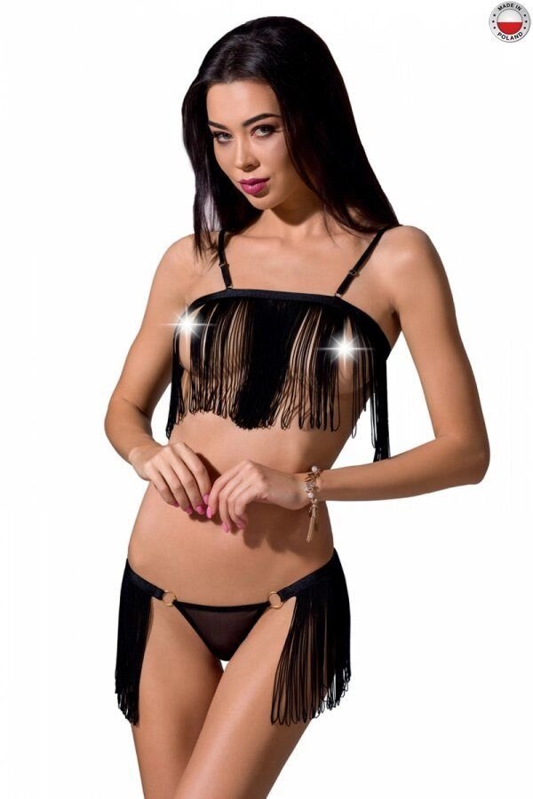 Kassandra Set OpenBra Black L/XL - Ексклюзивна білизна пристрасті: Жива бахроми, трусики - спідниця від компанії Інтернет магазин Персик - фото 1