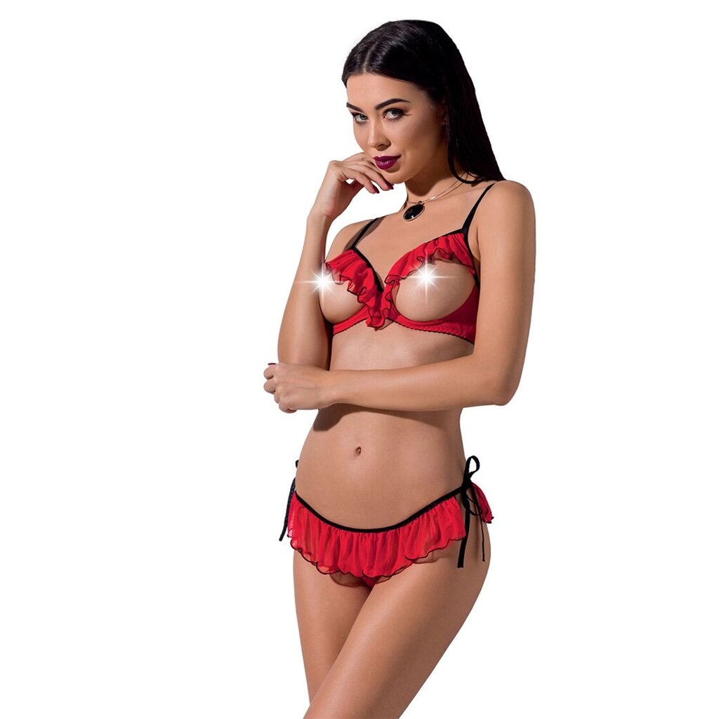 Комплект білизни CHERRY SET OpenBra red XXL/XXXL - Passion Exclusive: відкритий ліф, трусики-юбочка від компанії Інтернет магазин Персик - фото 1