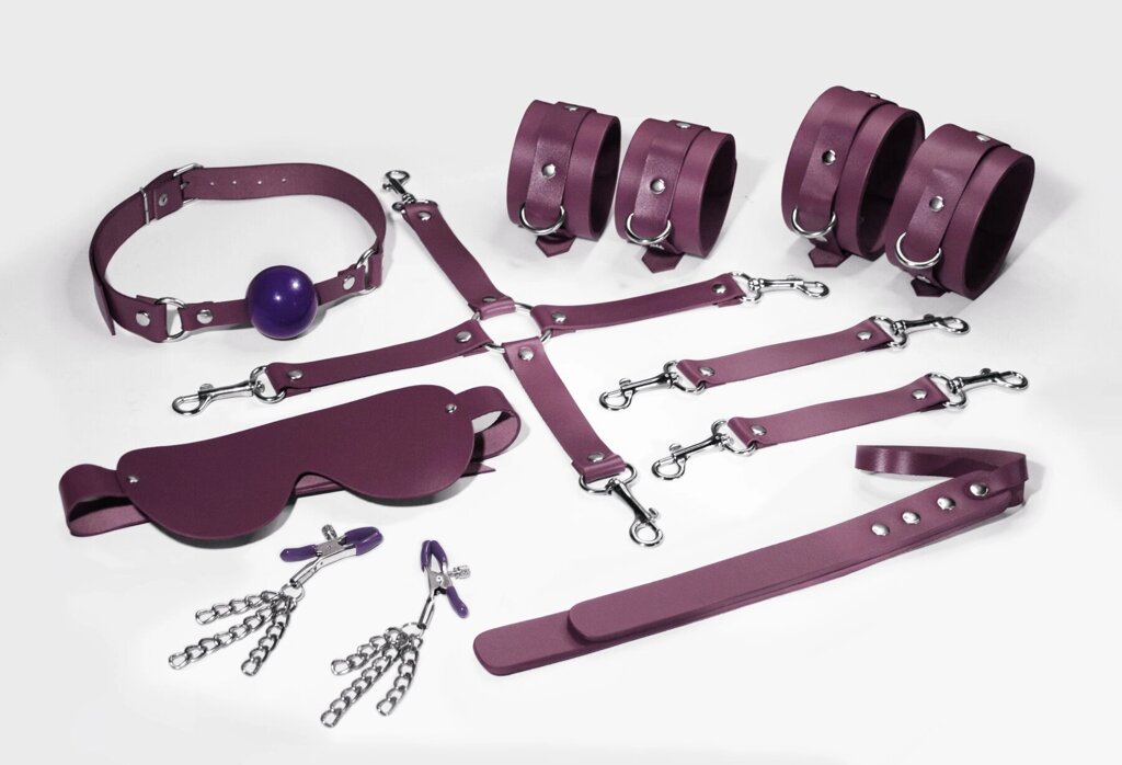 Набір Feral Feelings BDSM Kit 7 Burgundy, наручники, поножі, коннектор, маска, паддл, кляп, затискачі від компанії Інтернет магазин Персик - фото 1