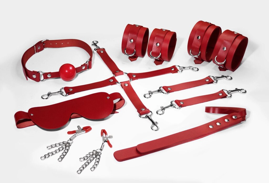Набір Feral Feelings BDSM Kit 7 Red, наручники, поножі, коннектор, маска, паддл, кляп, затискачі від компанії Інтернет магазин Персик - фото 1