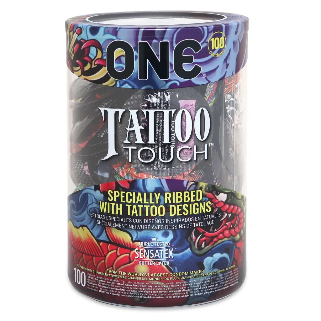 Набір презервативів ONE Tattoo Touch 100 шт, мегапак тюб від компанії Інтернет магазин Персик - фото 1