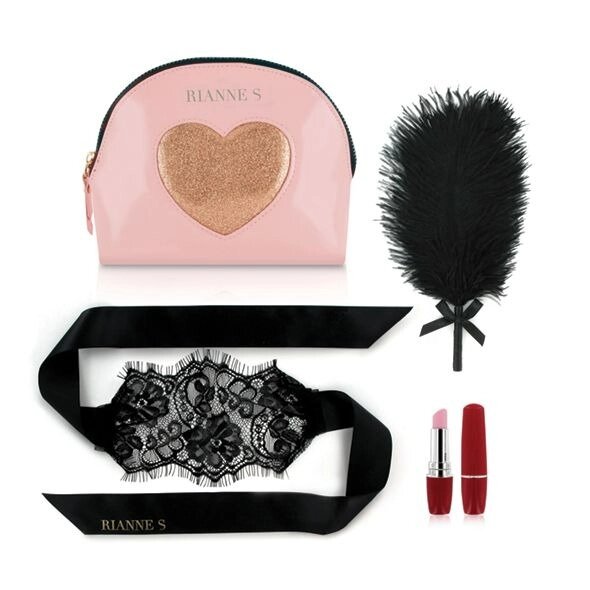 Набір у сумочці вібратор-помадка, пір'їнка та маска Rianne S Essentials Kit d'Amour Roze/Goud від компанії Інтернет магазин Персик - фото 1