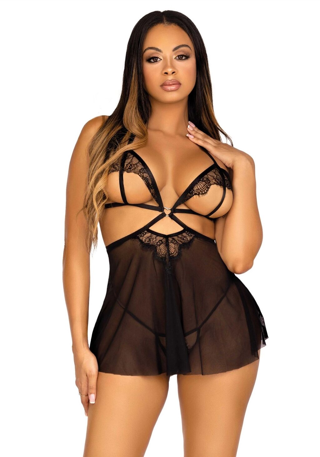 Пеньюар Leg Avenue Lace and mesh babydoll & panty Black L від компанії Інтернет магазин Персик - фото 1