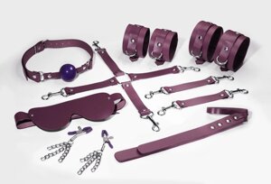 Набір Feral Feelings BDSM Kit 7 Burgundy, наручники, поножі, коннектор, маска, паддл, кляп, затискачі