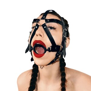 Кляп-маска із силіконовим кільцем Art of Sex - Tamer, Натуральна шкіра, колір Чорний