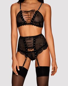 Комплект зі шнурівкою і поясом для панчіх Obsessive Basitta set Black S/M