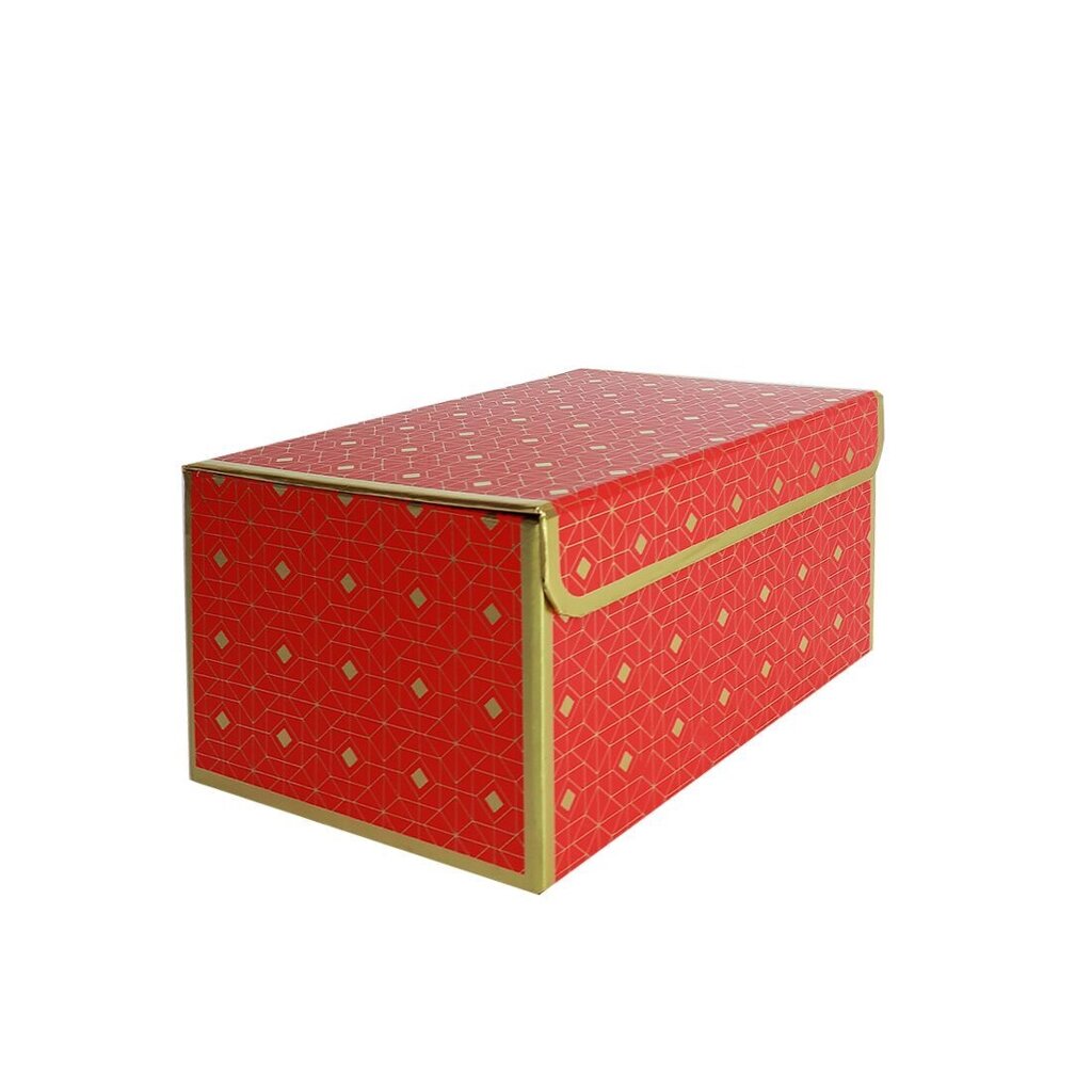 Подарункова коробка червона із золотим геометричним малюнком, L — 25,31813,5 см від компанії Інтернет магазин Персик - фото 1