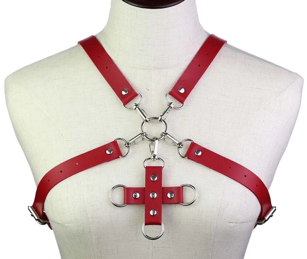 Портупея зі штучної шкіри з фіксатором Women's PU Leather Chest Harness Caged Bra RED від компанії Інтернет магазин Персик - фото 1