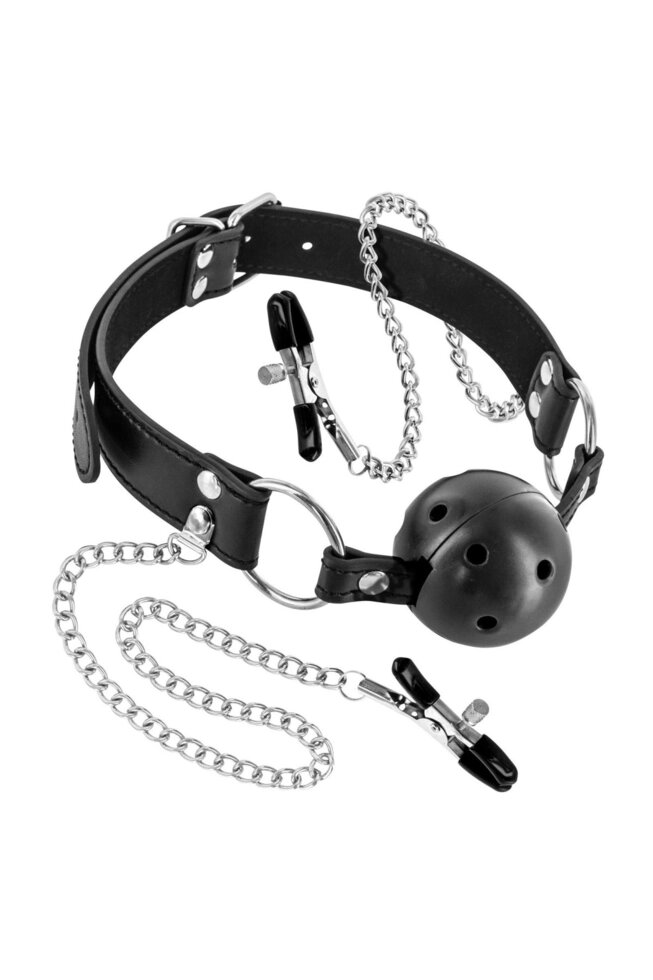 Повітропроникний кляп з зажимами для сосків Fetish Tentation Rigid Gag Ball with Nipple Clamps від компанії Інтернет магазин Персик - фото 1