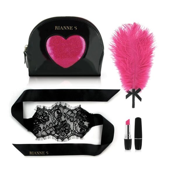 Романтичний набір Rianne S: Kit d'Amour: вібропуля, пір'їнка, маска, чохол-косметичка Black / Pink від компанії Інтернет магазин Персик - фото 1