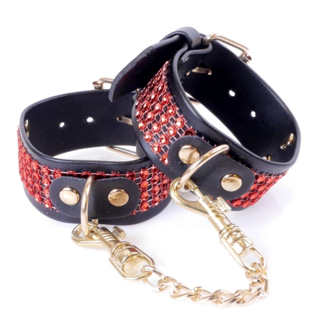 Сантичні шкіряні наручники з кристалами серії Fetish Boss - наручники з кришталами червоні, BS3300109 від компанії Інтернет магазин Персик - фото 1