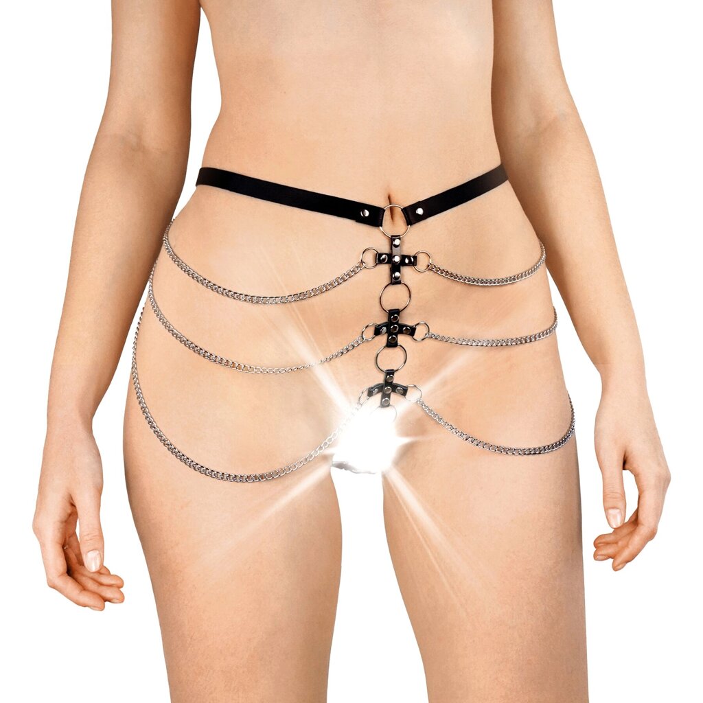 Сексуальні шкіряні трусики прикрашені ланцюгами Art of sex - Cross, Чорний колір, розмір XS-M від компанії Інтернет магазин Персик - фото 1