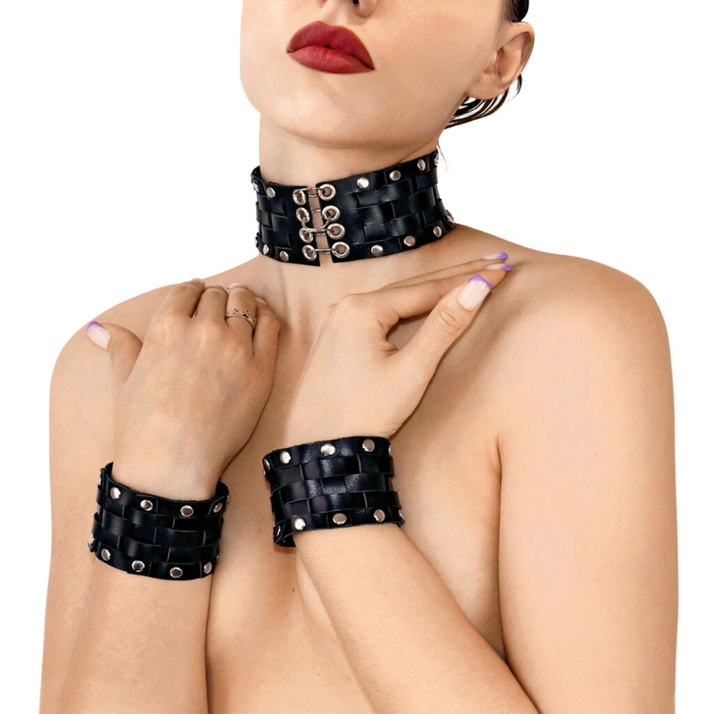 Шкіряний чокер із манжетами Art of Sex - Leather Chezarro від компанії Інтернет магазин Персик - фото 1