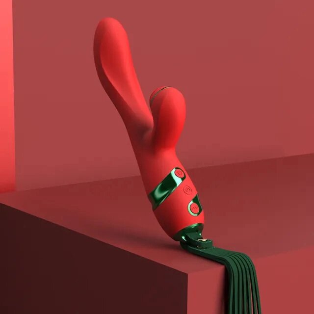 Вібратор-кролик із пульсацією, з флоггером, силіконовий, червоний, 23 х 3.7 см від компанії Інтернет магазин Персик - фото 1