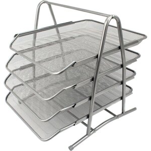 Лоток для документів, горизонтальний, металевий, Срібло 4 секції