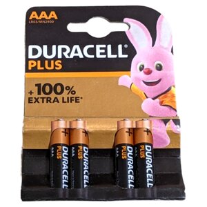 Лужні батарейки Duracell Plus ААА LR03 4 штуки в блістері, паковання потужних мізинчикових батарейок