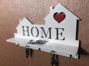 Ключниця біла з червоним серцем з дерева та МДФ "HOME" з поличкою