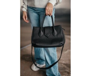 Сумка жіноча шкіряна велика Луїзіанна чорна 28*20*10 см, базова чорна сумка стильна з кишенями