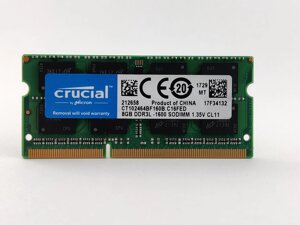 Оперативна пам'ять для ноутбука sodimm crucial DDR3l 8gb 1600mhz PC3l-12800S (CT102464BF160B. C16FED) б / у
