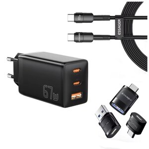 Комплект: Зарядний пристрій Швидка зарядка Essager GaN 67W PD3.0 QC4.0 +Кабель 100W +3 Перехідника