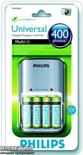 Універсальний зарядний пристрій Philips MultiLife SCB3030NB + 4 AA 2100 mAh від компанії Інтернет-магазин "Леонід" - фото 1