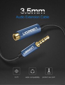 Аудіо кабель AUX 3.5 mm для iPhone, iPad стерео аудіо подовжувач з підтримкою мікрофону Ugreen AV118 (1-3m), 1.5m