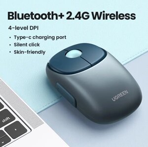 Бездротова миша UGREEN MU102 FUN+ Bluetooth 5.0 і 2.4G перезаряджається 3 пристрої для MacBook, iPad Blue (90538)