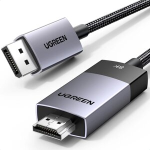 Кабель ugreen DP115 перехідник displayport to HDMI 8K HDR, dolby, HDCP2.3, DSC1.2a, 32.4 гбіт/с grey 1m (80395)