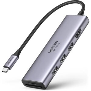 Концентратор USB-C ugreen CM511 HUB type-C для macbook pro air HDMI 4K USB 3.0 SD TF 6 in 1 grey (60383)