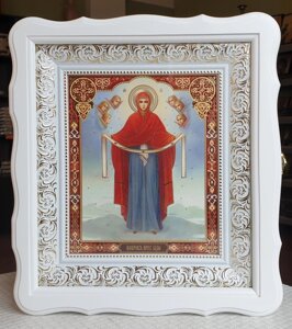 Аналойна ікона Богородиця Покров у фігурному кіоті, що відкривається, розмір кіота 31*35, лик 20*24, 26 сюжетів