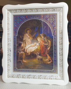 Аналойна ікона Двонадесяті свята у фігурному білому кіоті, розмір 52*42, лік 30*40,26 сюжетів.
