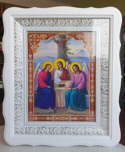 Аналойна ікона Свята Трійця у білому фігурному відкритому кіоті, розмір кіота 33*40, лік 21*28, 28 сюж
