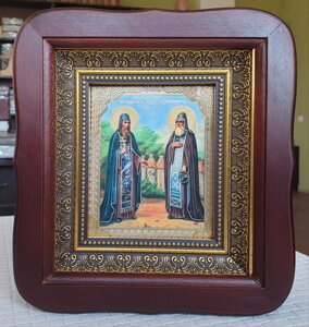 Ікона преподобних Зосим і Саватій у дерев'яному фігурному кіоті, розмір кіота 20*18, розмір ліку 10*12